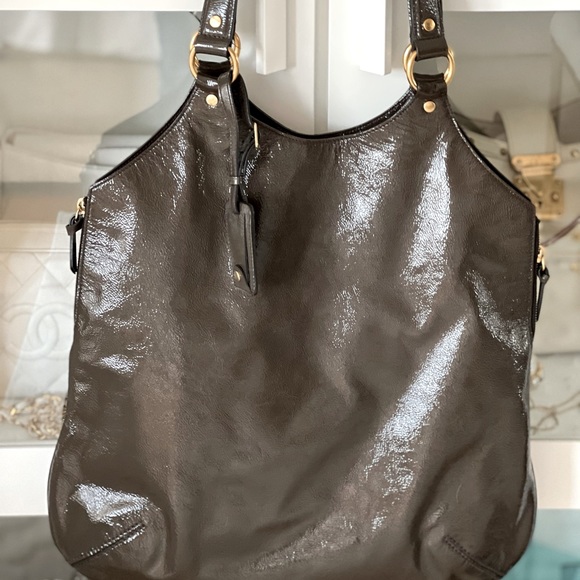 Authentic YVES SAINT LAURENT PATENT OLIVE GREEN TRIBUTE BAG PURSE TOTE - Picture 1 of 10